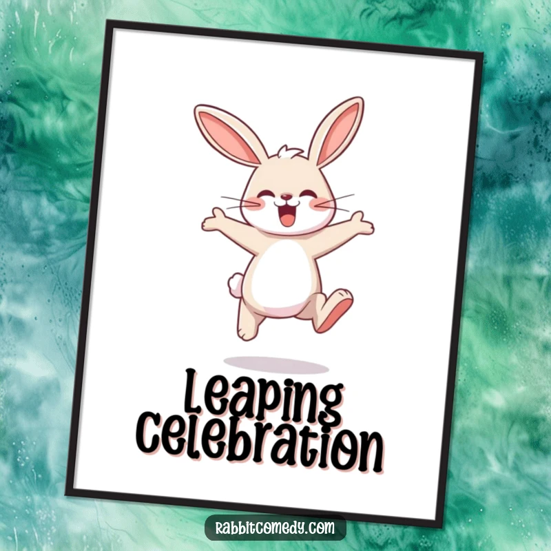 Funny rabbit digital art print of a rabbit character joyfully hopping with incredibly large, exaggerated leaps.