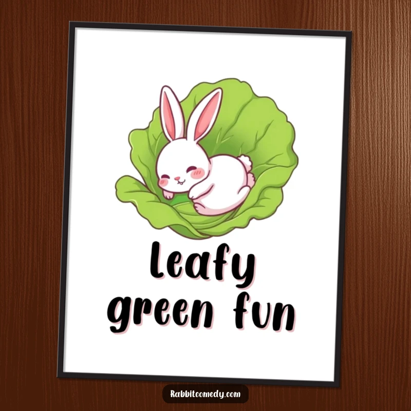 Funny Rabbit Digital Art Print: A rabbit comically sliding on a lettuce leaf, adding hilarious slapstick and charm to any digital display.