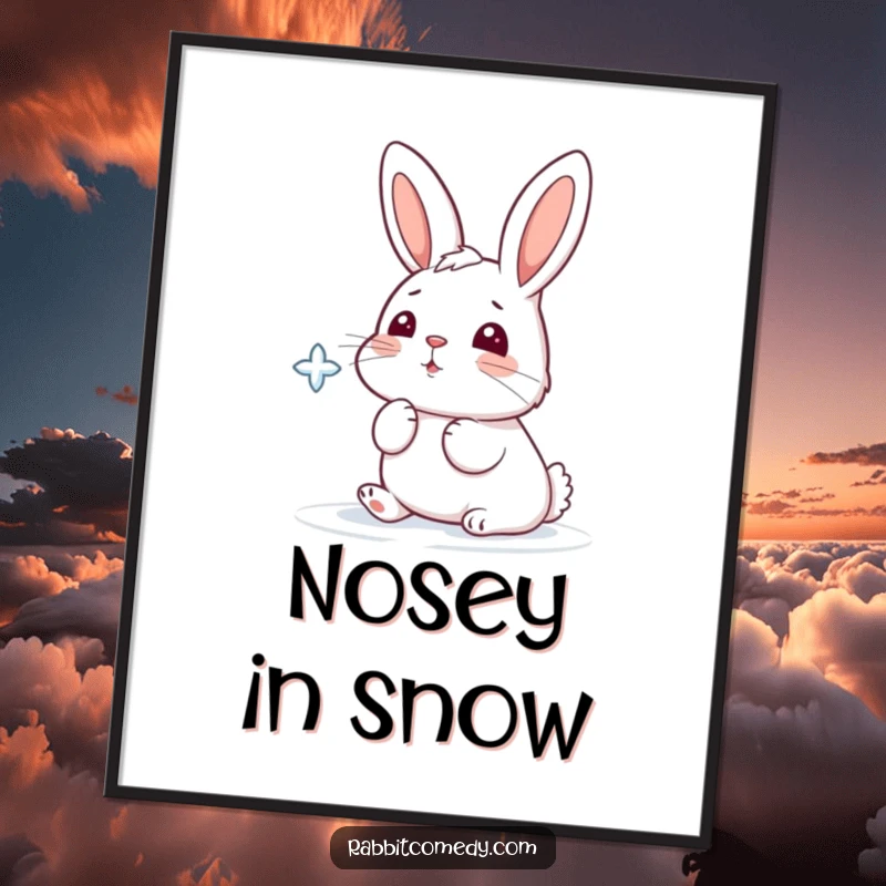 Funny digital art print of a cartoon rabbit playfully trying to catch a falling snowflake with its nose.