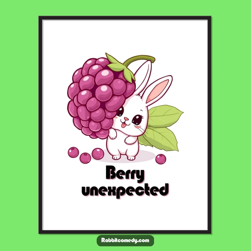 Funny Surprise Rabbit Digital Print: High-Quality Cartoon Peeking Behind Giant Wobbling Berry Art Gift