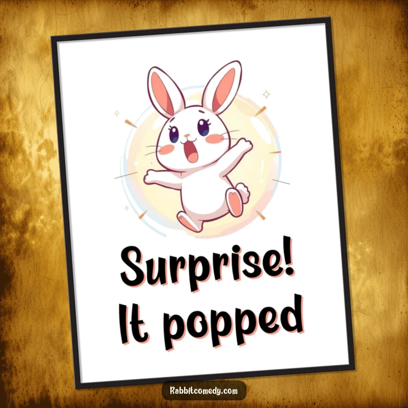 Funny Rabbit Digital Art: A surprised rabbit leaps backward from a bursting, shimmering bubble, a whimsical and humorous downloadable print.