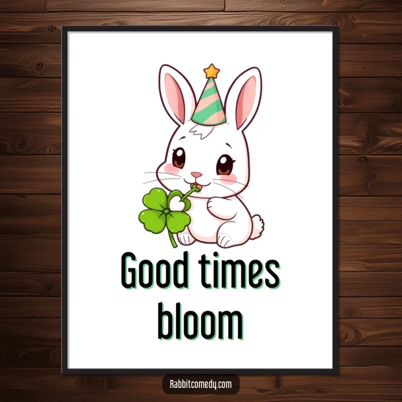 Funny Party Rabbit Digital Art Print: High-resolution digital art of a rabbit in a party hat eating clover.