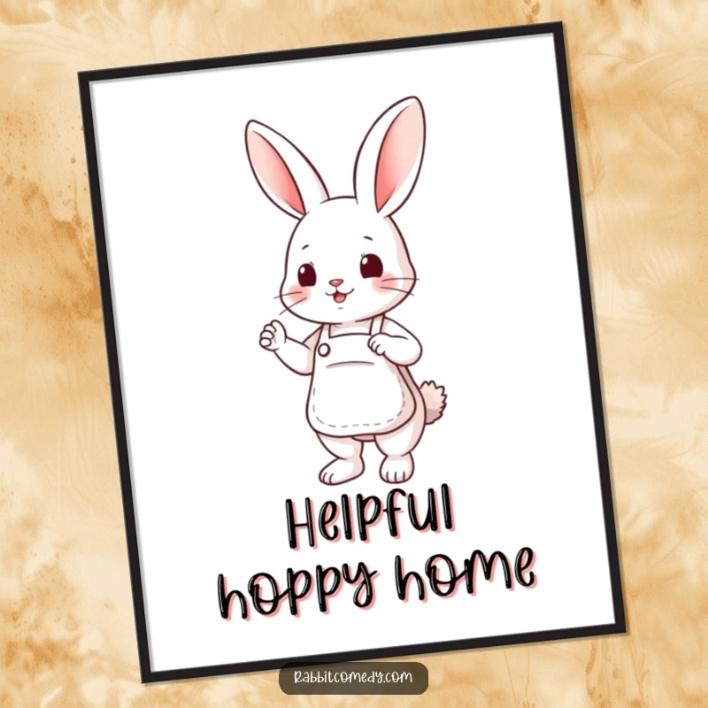 Funny digital art print of a cute rabbit in a small apron, posed helpfully and invitingly.