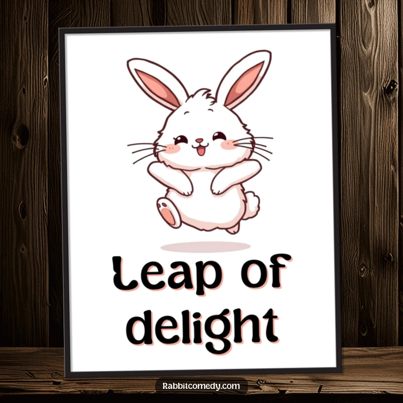 Funny rabbit digital art print of a fluffy character mid-hop with joyful bounce and twitching ears, delivering instant whimsy.