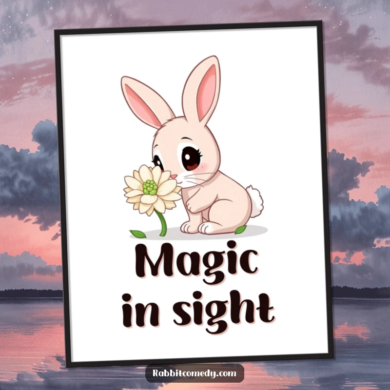 Funny Rabbit Digital Art Print: A joyful rabbit sniffing a giant dew-kissed clover, adding whimsical charm and humor to any digital display.