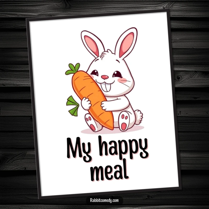 Funny rabbit digital art print of a grinning bunny holding a giant, smiling carrot, perfect for instant whimsical wall decor and cheer.