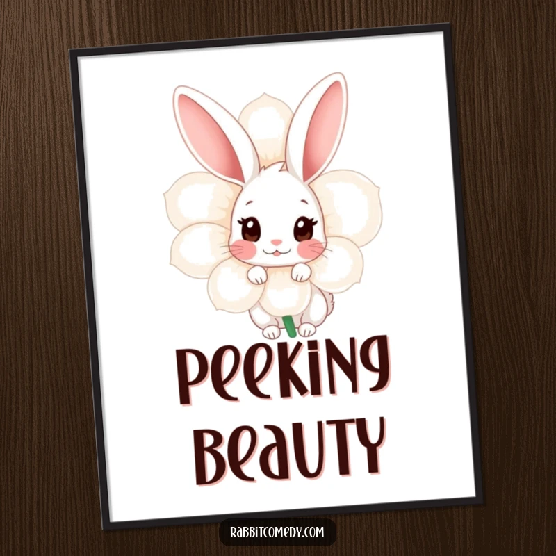 Funny Shy Rabbit Digital Art: High-resolution art of a shy rabbit peeking from behind a large flower, conveying tenderness and gentle curiosity.