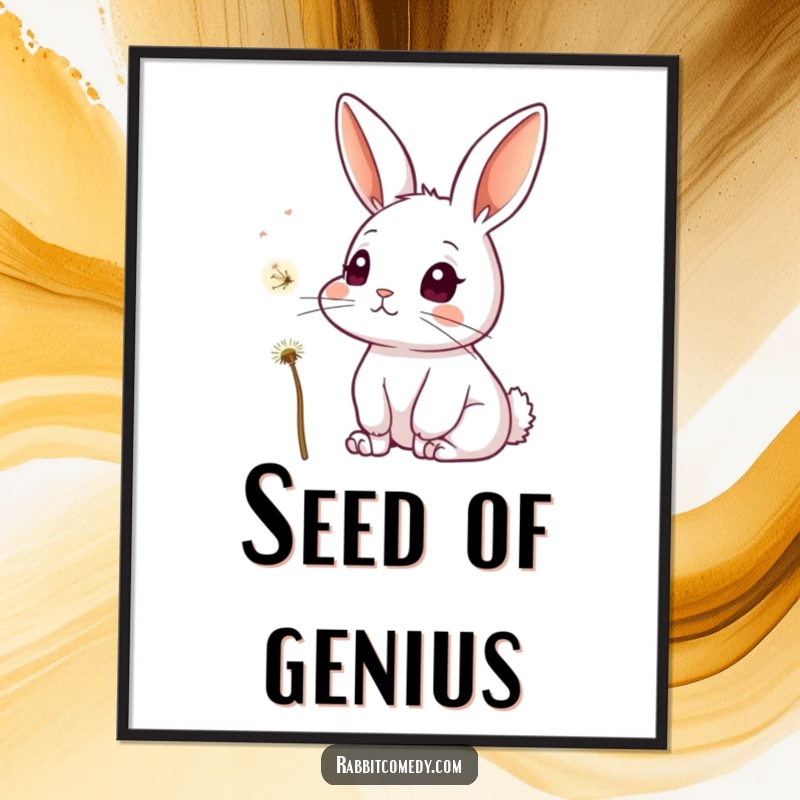 Funny digital art print of a rabbit with perked ears and a curious gaze, watching a single dandelion seed drift gently on the breeze.