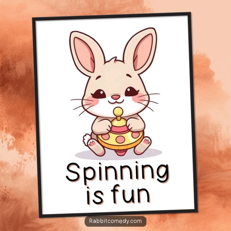 Funny Rabbit Digital Art Print: A silly rabbit with a funny expression is depicted playing energetically with a spinning top.