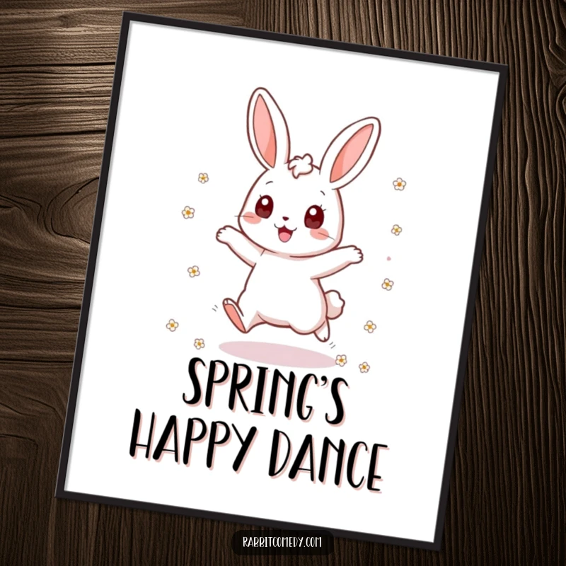 Funny rabbit digital art print of an excited bunny jumping exuberantly, scattering tiny flowers, perfect for instant vibrant wall decor and cheer.