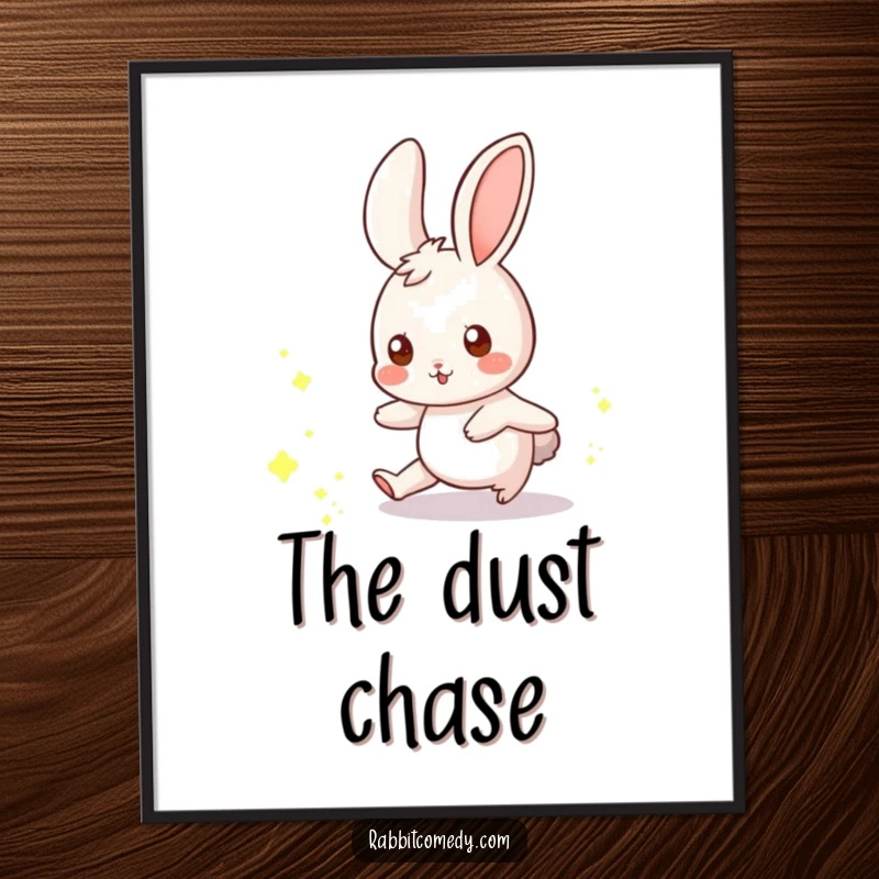 Funny rabbit digital art print of a whimsical rabbit playfully chasing a scattering of glowing dust motes.