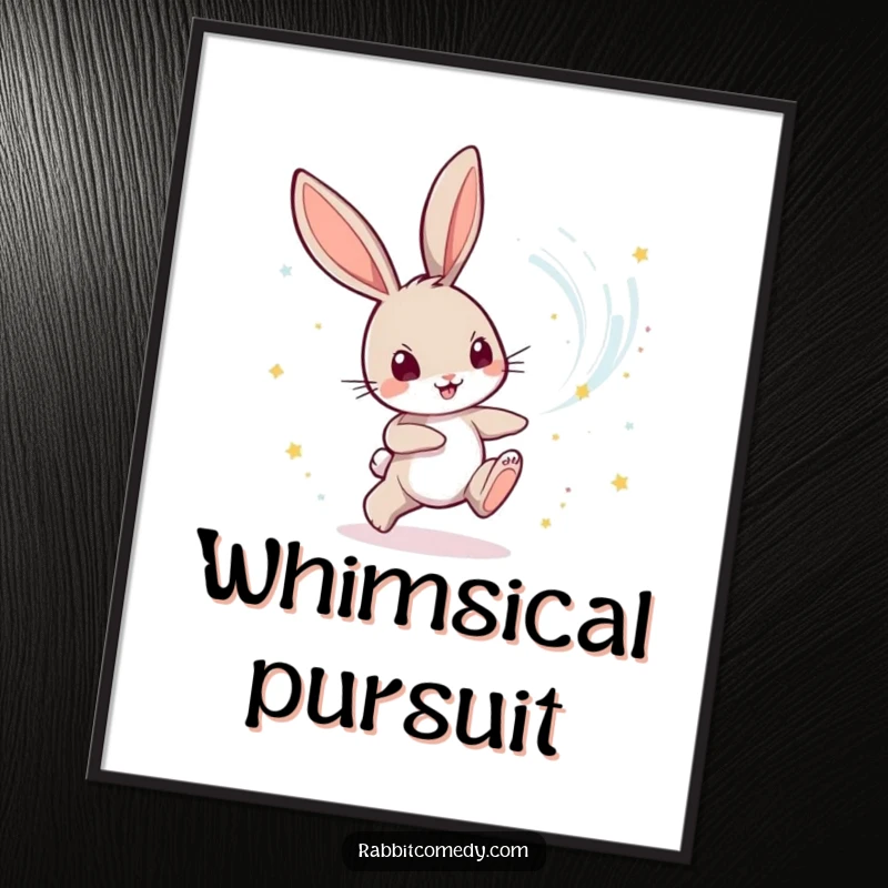 Funny Rabbit Digital Print: A whimsical rabbit character playfully chases a vortex of shimmering, magical dust, creating fantasy art.