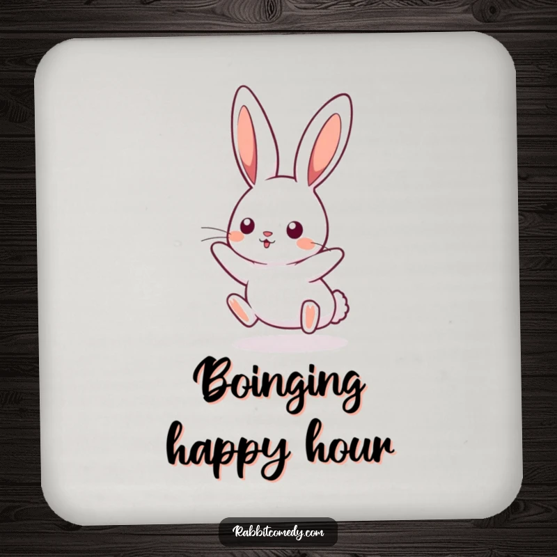 Funny kawaii rabbit coaster, featuring a cute bunny boinging mid-air, adding a touch of humor to surface protection.