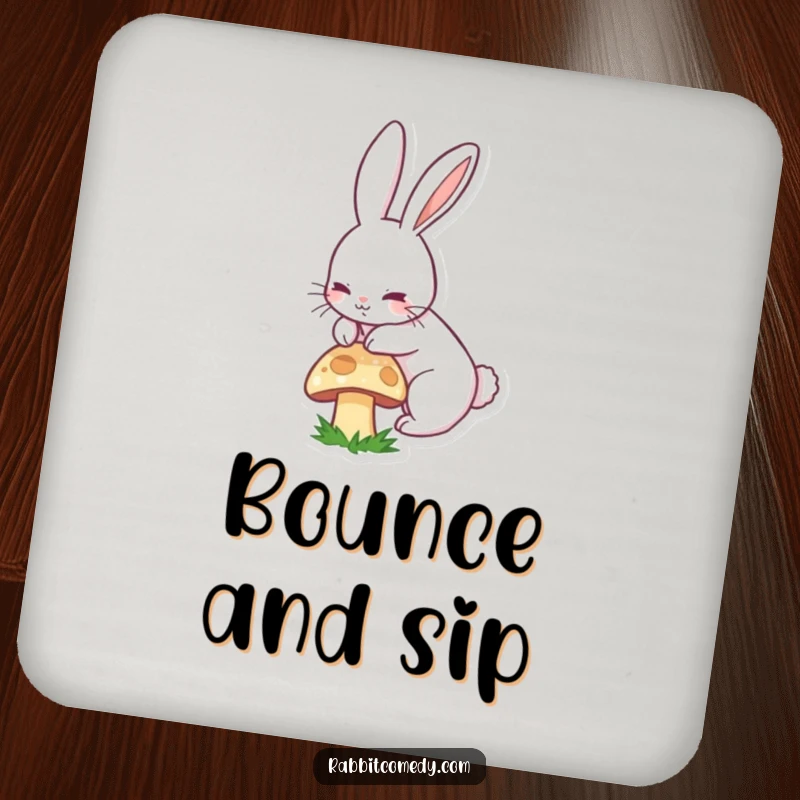 Funny drink coaster featuring a cheerful long-eared rabbit boinging playfully over a mushroom.