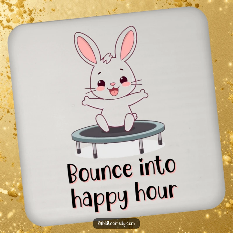 Funny rabbit drink coaster showing a bunny wiggling with excitement while bouncing on a trampoline, a fun surface protector.