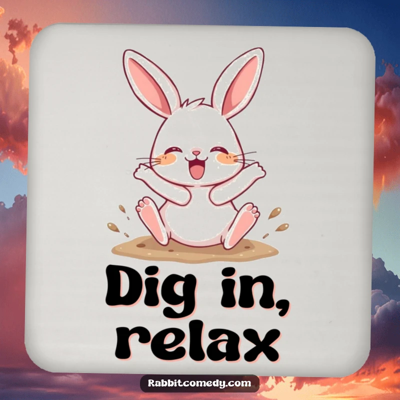 Funny Drink Coaster featuring a rabbit character joyfully digging with its hind legs kicking up, perfect for a touch of whimsy.