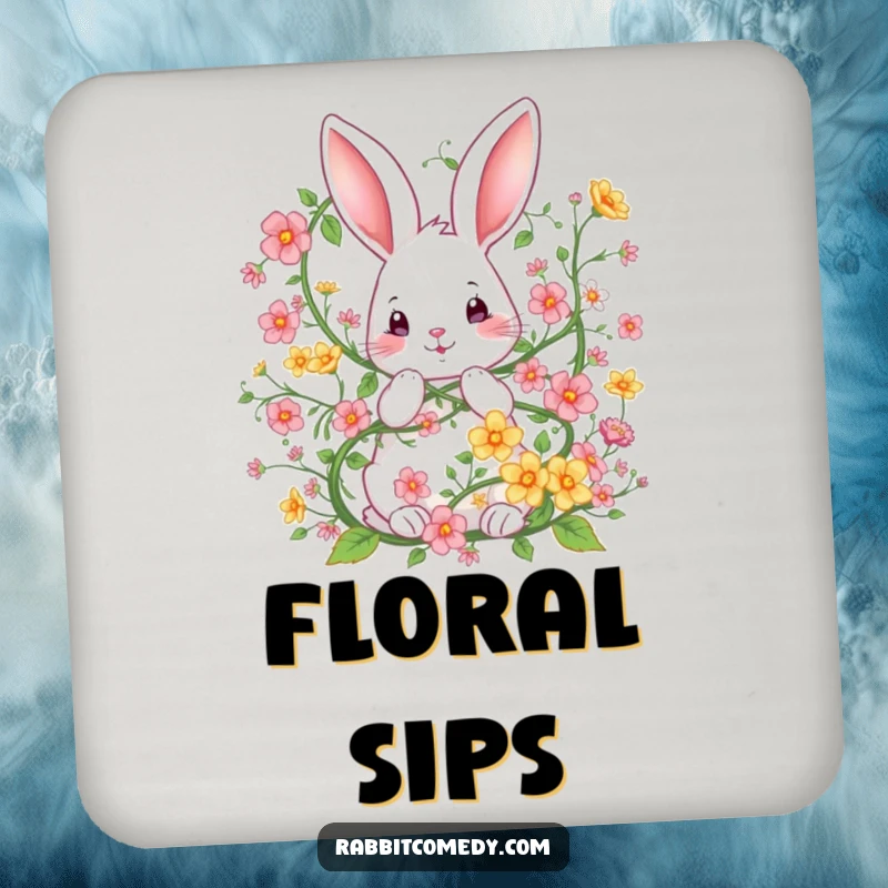 Funny drink coasters featuring a rabbit playfully entangled in a whimsical flower vine, bringing garden humor to any surface.