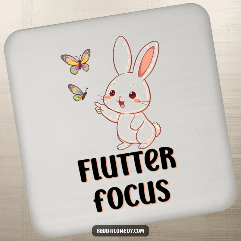 Funny Rabbit Butterfly Drink Coaster: A coaster illustrated with an excited rabbit pointing at a butterfly.