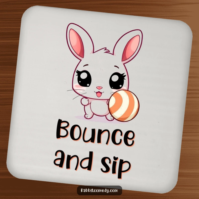 Funny rabbit drink coaster featuring an excited rabbit with wide eyes, ready to chase a bouncing, striped ball, adding humorous energy.
