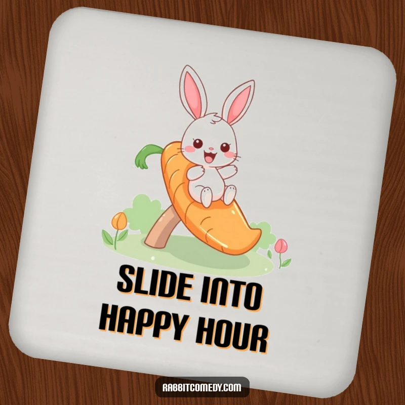Funny coaster depicting a giddy rabbit sliding down a carrot slide, protecting surfaces with a humorous and cheerful design.