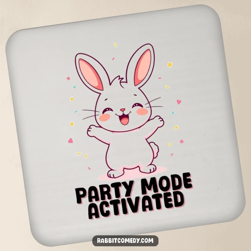 Funny Rabbit Coaster: A happy rabbit performs an excited binky, leaving a cloud of confetti, adding a festive and humorous touch to any beverage.