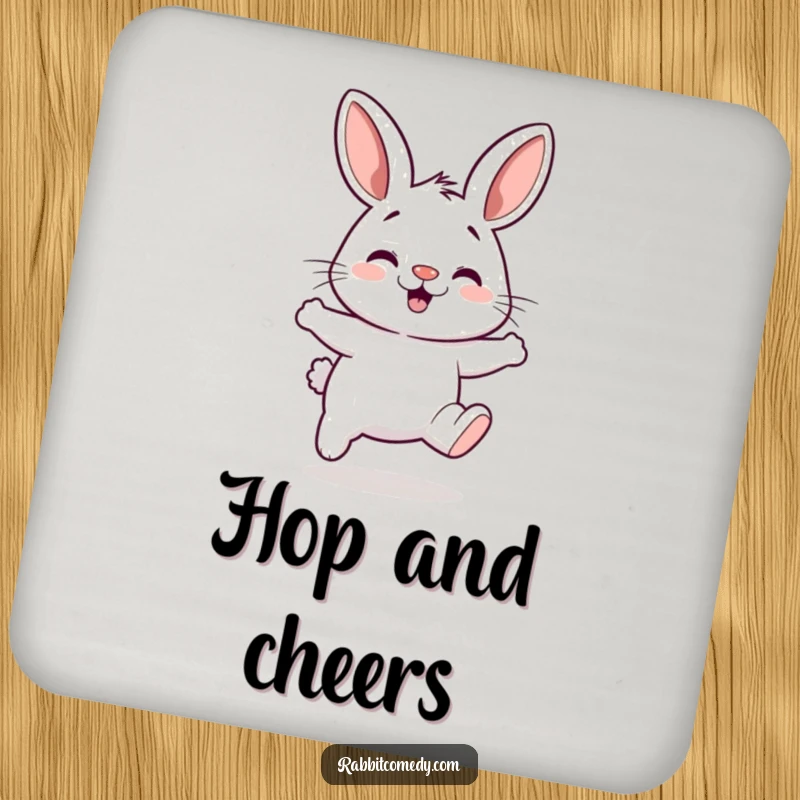 Funny drink coaster featuring a rabbit with a twitching nose in a silly, energetic hop.