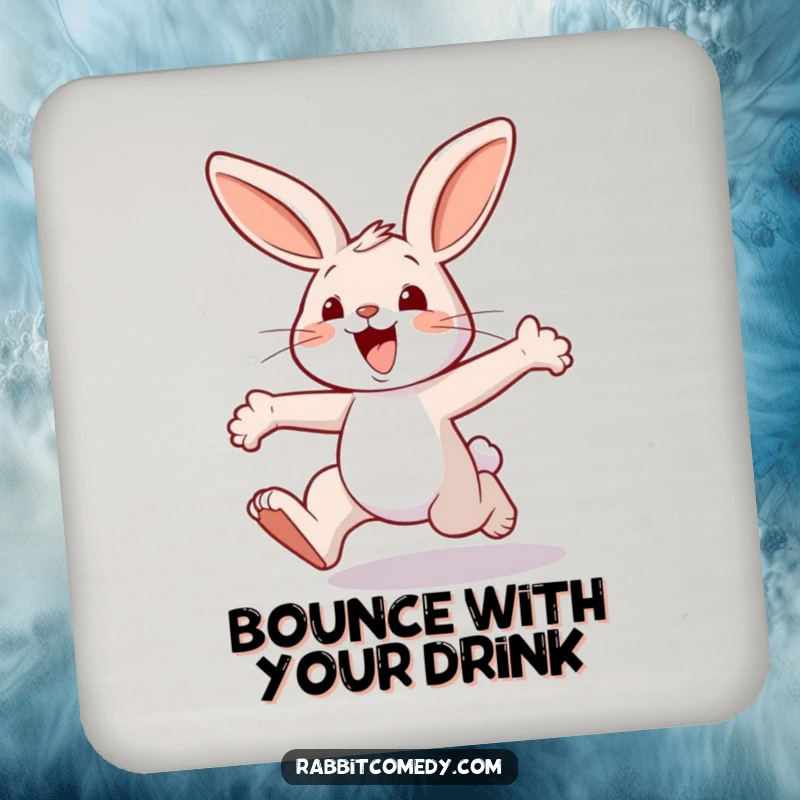 Funny rabbit drink coasters, depicting an energetic character joyfully hopping with exaggerated leaps, adding a fun touch.