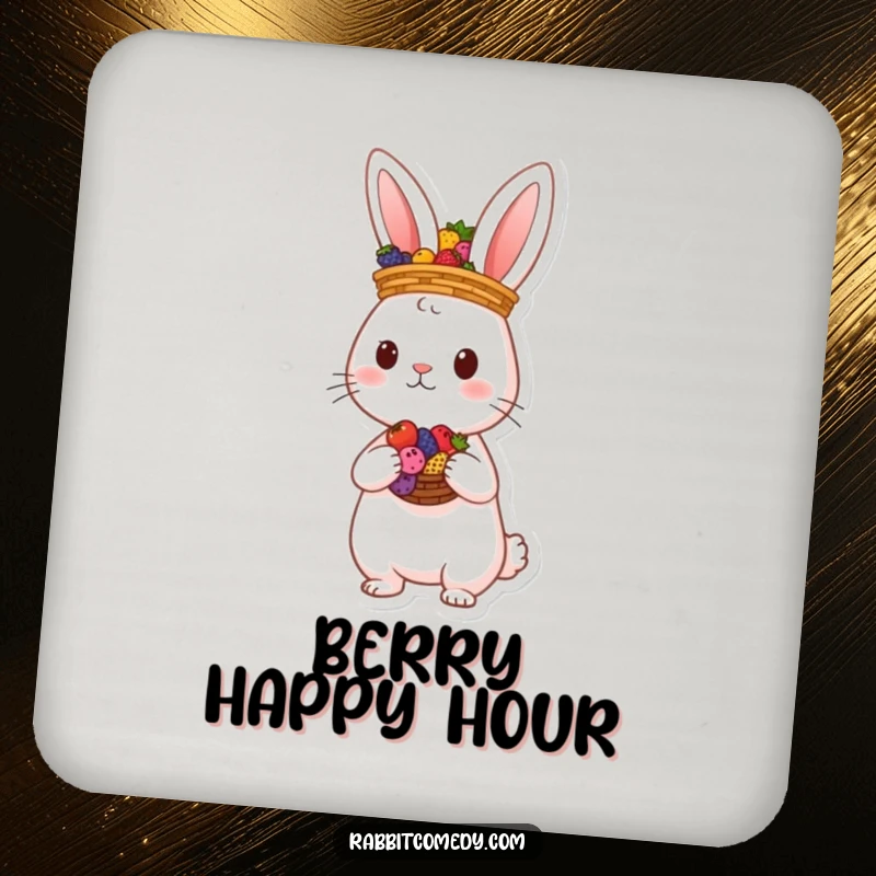 Funny rabbit character balancing a basket of colorful berries on its head on a drink coaster, adding whimsical humor