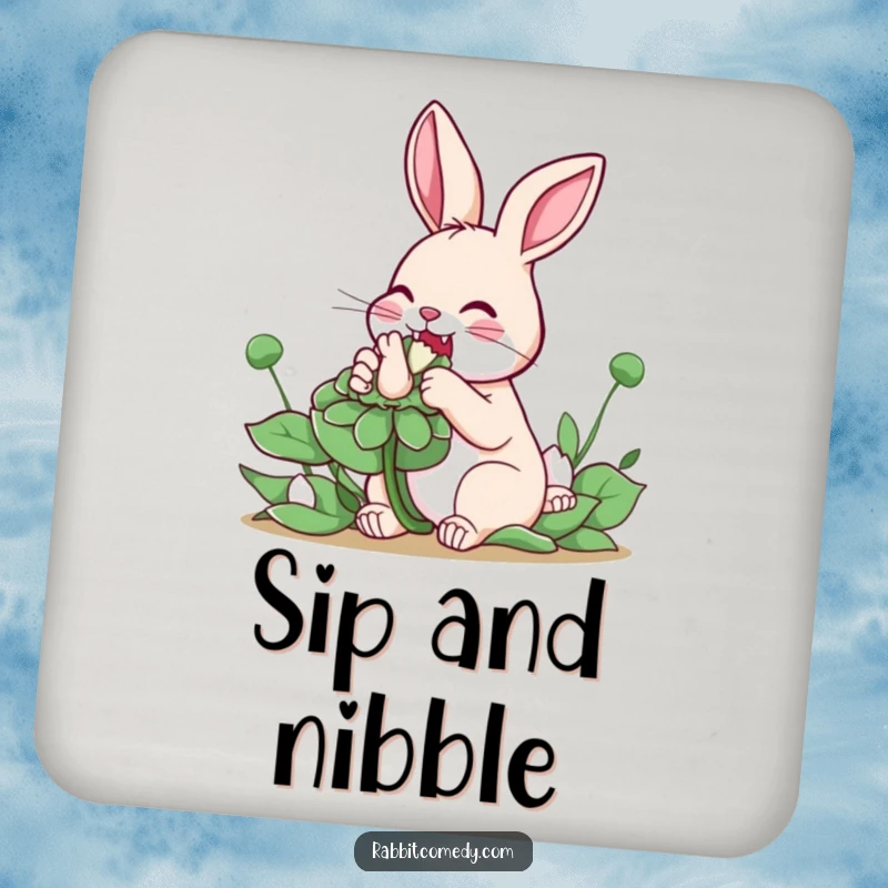 Funny Rabbit Clover Coasters: Set of coasters showing a rabbit happily nibbling on a giant clover, bringing luck and charm.
