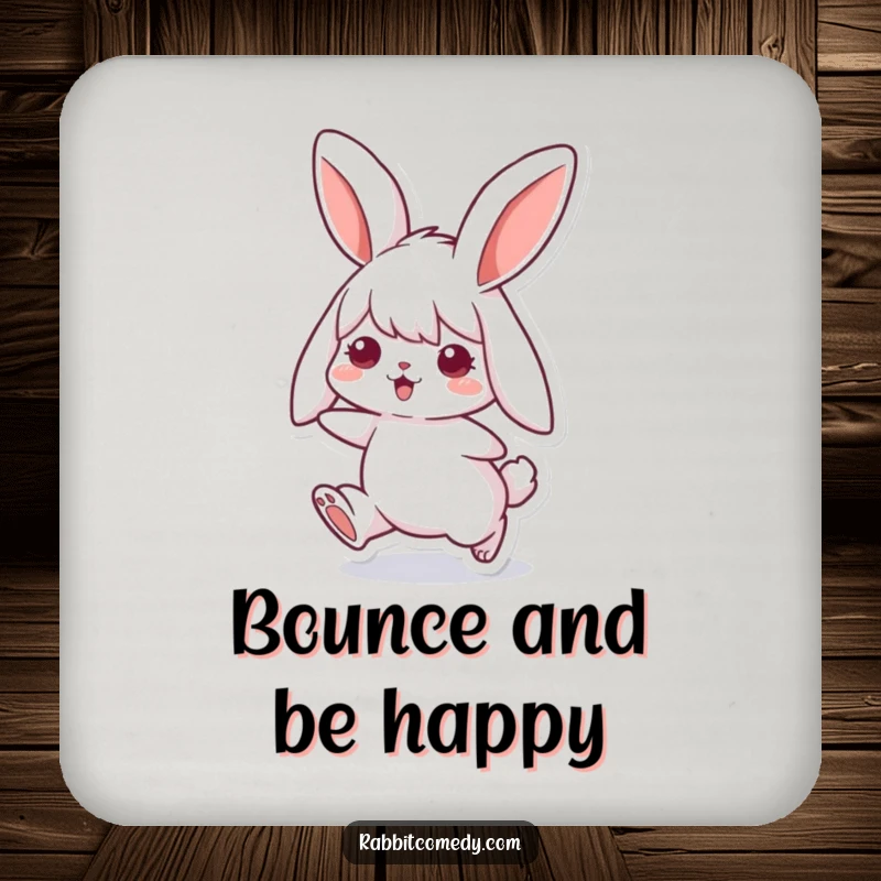 Funny rabbit drink coaster with a cute bunny with floppy ears joyfully hopping, protecting surfaces with whimsical flair and charm.