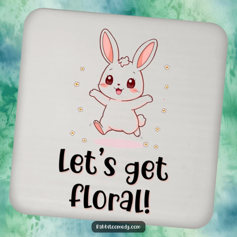 Funny rabbit drink coaster with an excited bunny jumping and scattering flowers, protecting surfaces with a theme of pure, joyful energy.