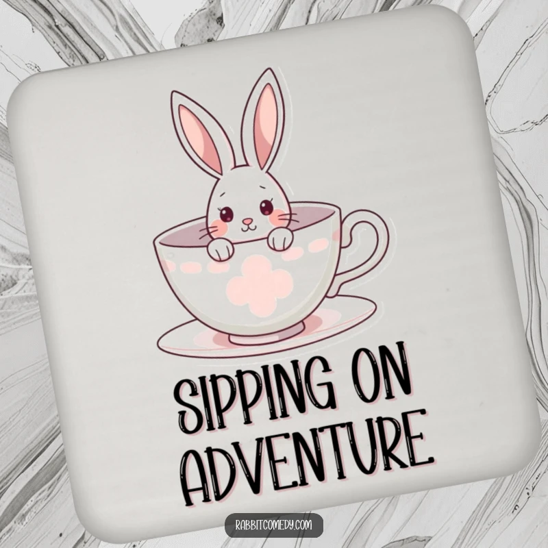Funny rabbit drink coaster with a curious bunny peeking from a giant teacup, protecting surfaces with a theme of whimsical curiosity.