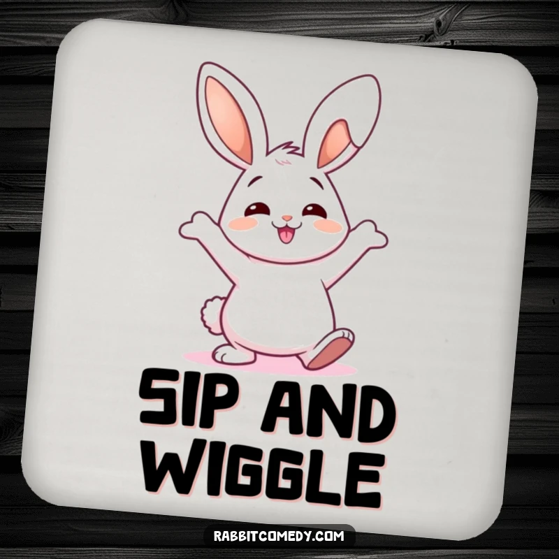 Funny Coaster featuring a happy rabbit doing a silly, wiggly ear dance, protecting surfaces with humor and charm.