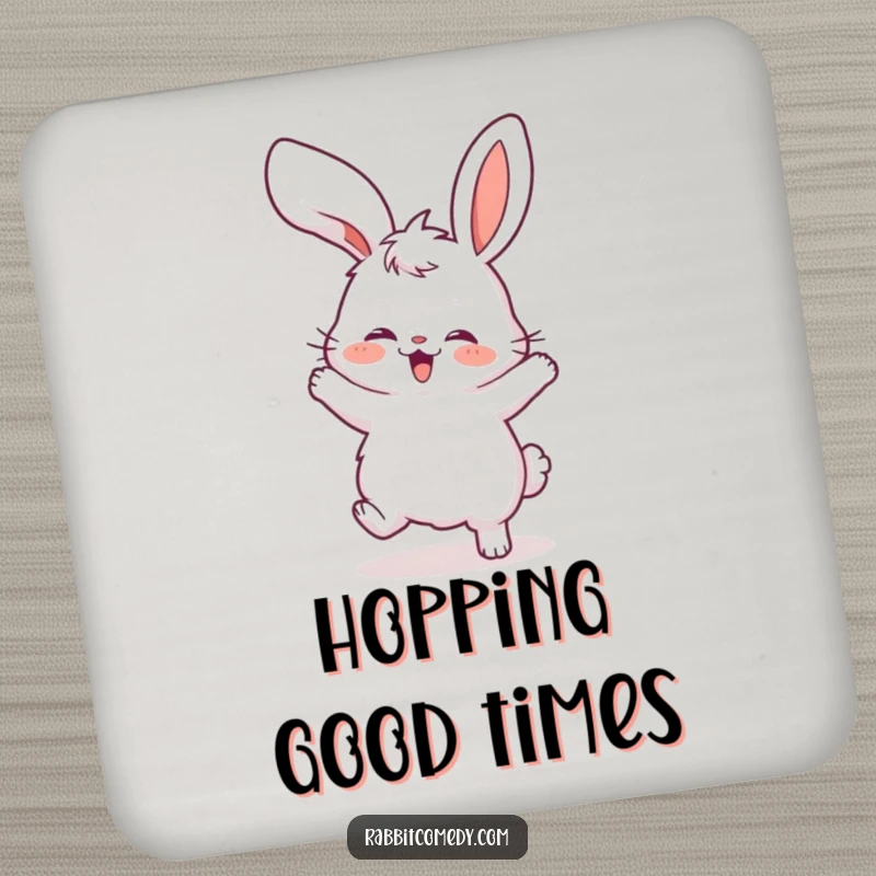 Funny drink coaster featuring a fluffy rabbit in a silly dance pose, its floppy ears adding a comical flair.