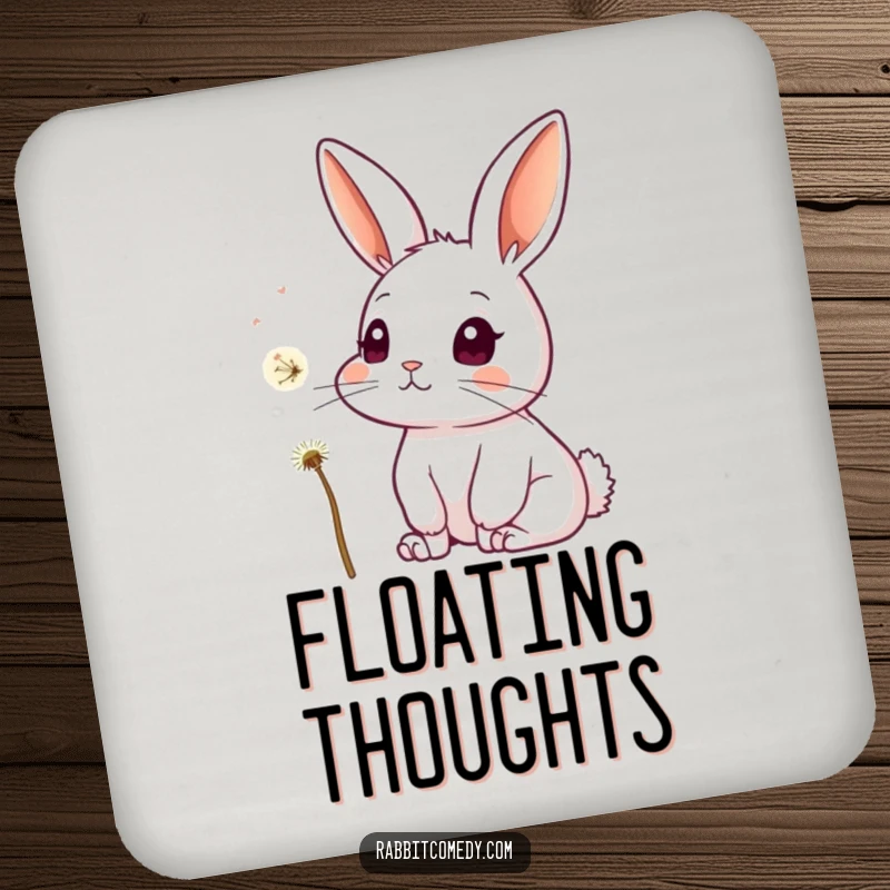 Funny drink coasters depicting a curious rabbit with alert ears, intently watching a single dandelion seed float through the air.