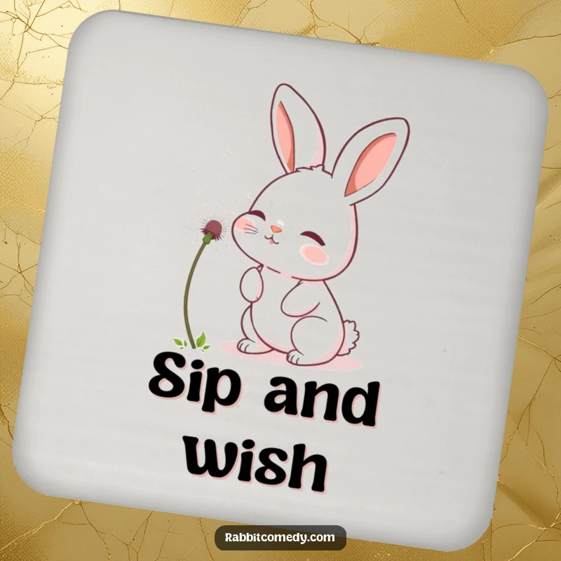 Funny rabbit coaster featuring a cute bunny gently blowing a fluffy dandelion seed, protecting surfaces with charm.
