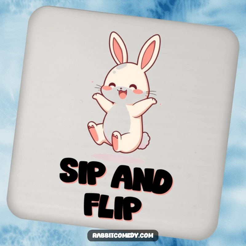 Funny Rabbit Somersault Coasters: Set of coasters showing a rabbit performing a joyful somersault with a bouncing tail, adding fun.
