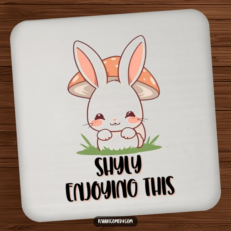 Funny shy rabbit drink coaster showing a bunny hiding behind a mushroom with a shy smile, a charming surface protector.