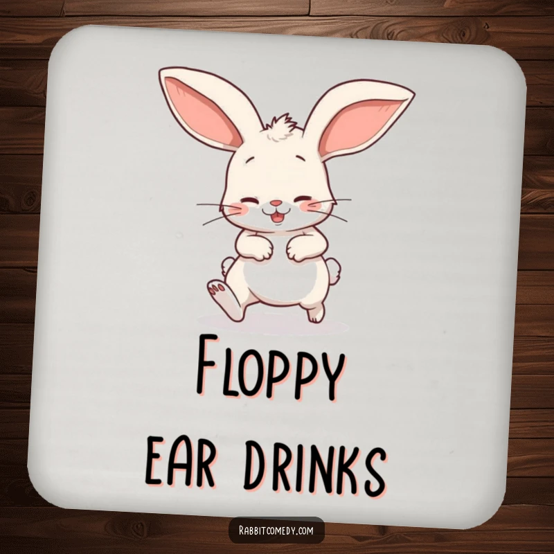 Funny drink coaster with a cartoon rabbit comically stumbling with huge floppy ears, protecting surfaces with lighthearted humor.