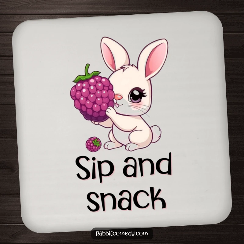 Funny Drink Coaster featuring a rabbit with oversized, curious eyes nibbling a giant berry, perfect for a touch of whimsy.