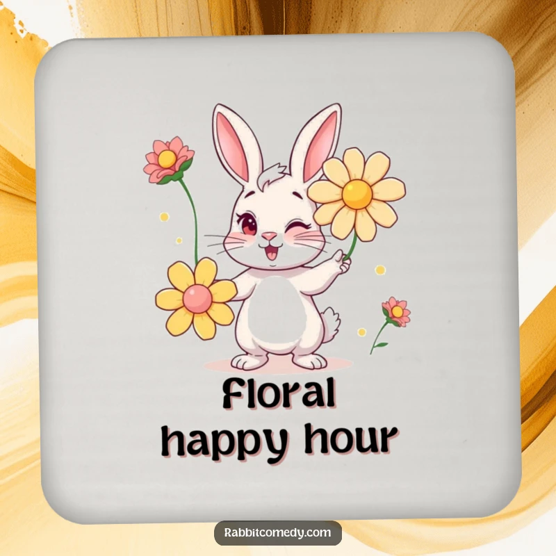 Funny coaster with a mischievous winking rabbit juggling large flowers, offering surface protection with a playful design.