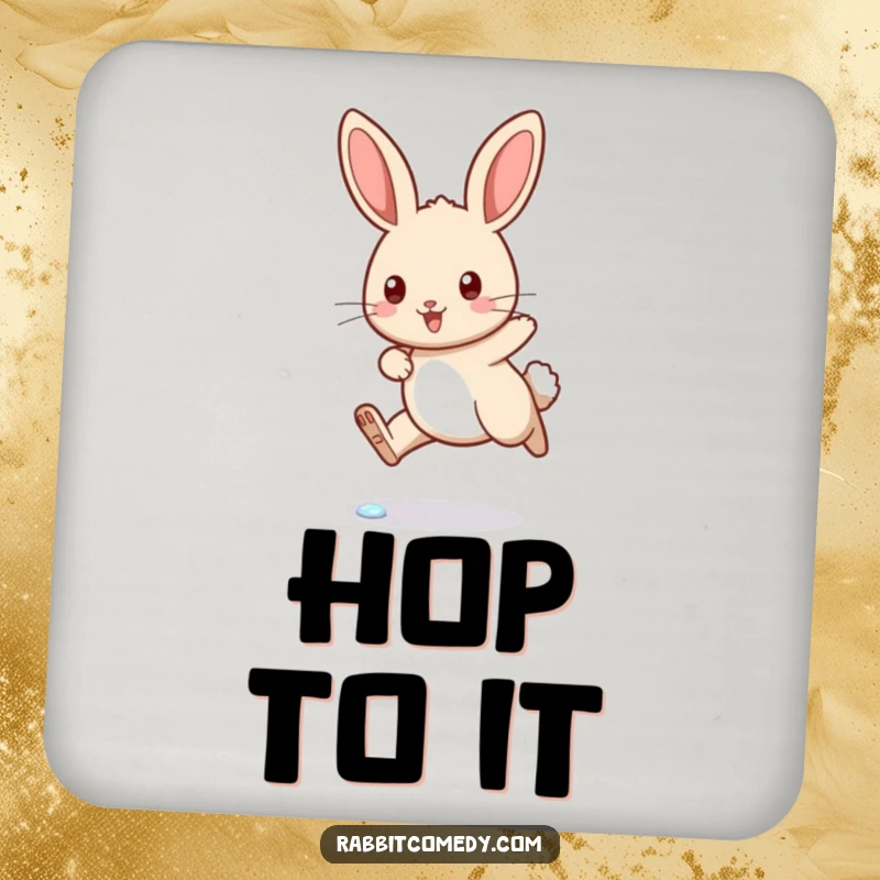 Funny rabbit drink coaster featuring a determined bunny jumping over a sparkling dewdrop, adding humorous flair to surfaces.