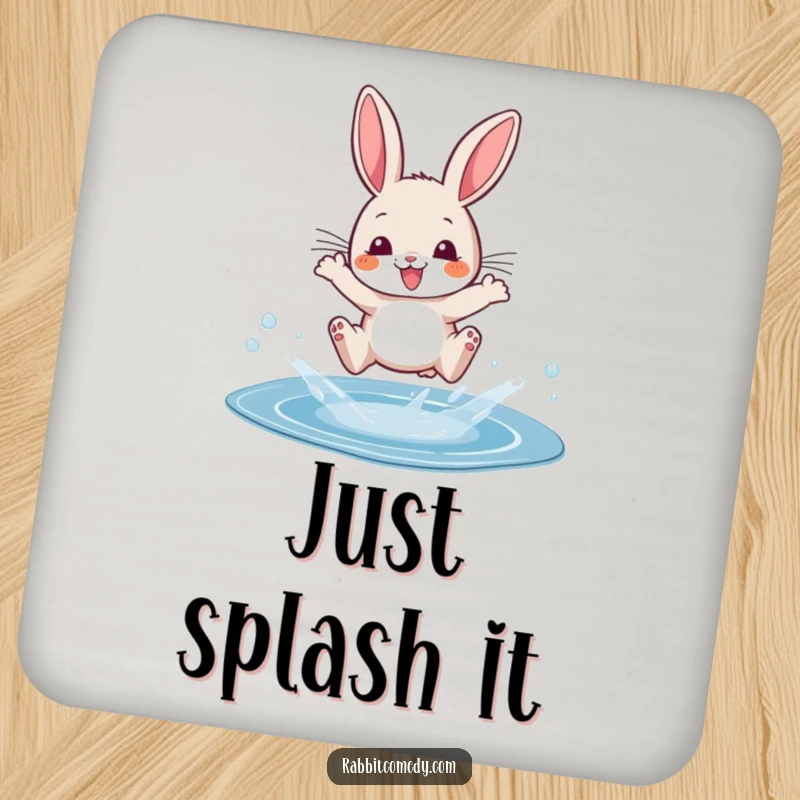 Funny drink coaster with a cartoon rabbit mid-splash, joyfully leaping over a small, sparkling puddle.