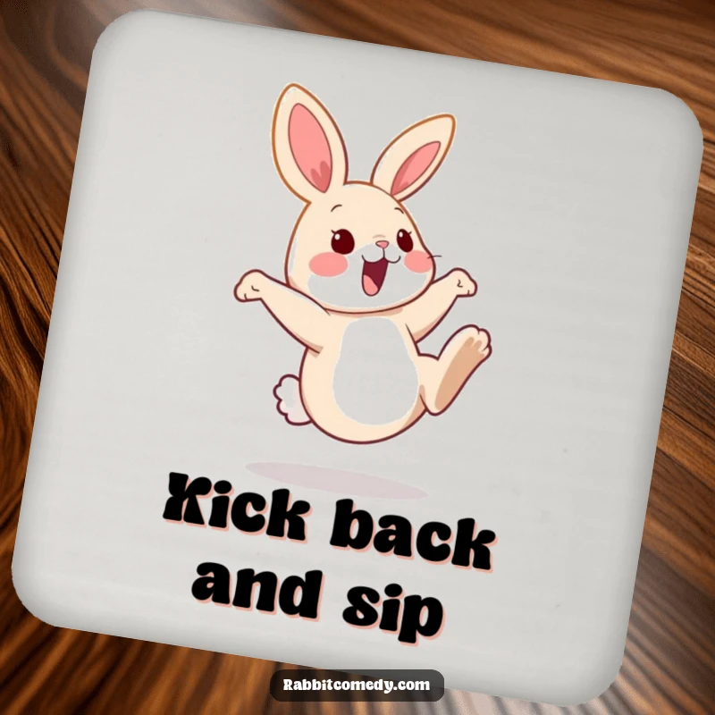 Funny rabbit coaster set depicting playful bunnies kicking their hind legs high, adding a touch of fun and protection to furniture.