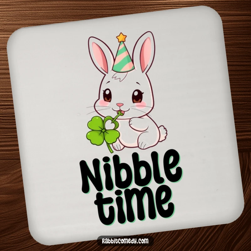 Funny Party Rabbit Drink Coaster: A coaster illustrated with a rabbit in a party hat eating a clover.