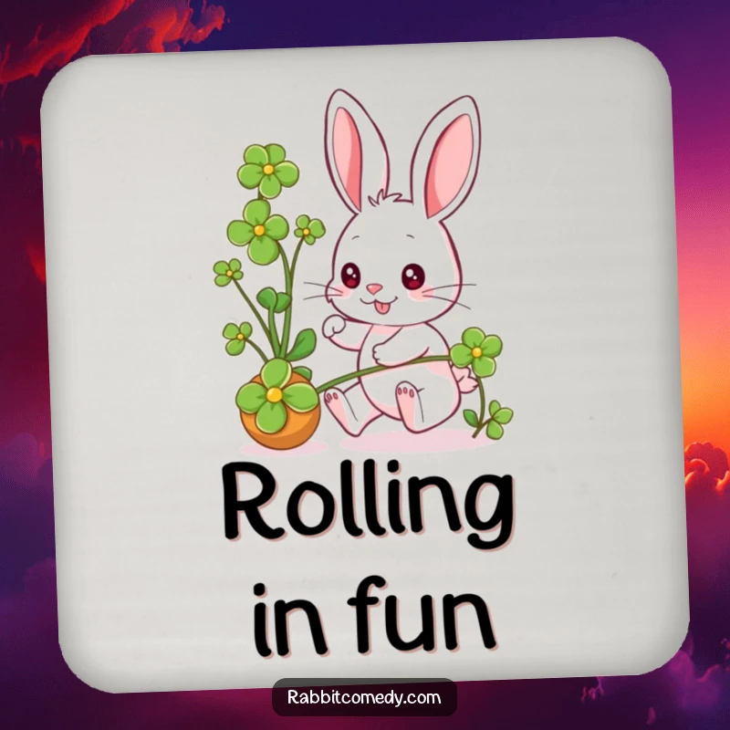 Funny rabbit character joyfully pursuing a clover, eyes sparkling, printed on protective drink coasters.