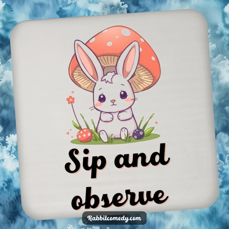 Funny rabbit coaster featuring a cute bunny peeking from behind a large mushroom, protecting surfaces with charm.