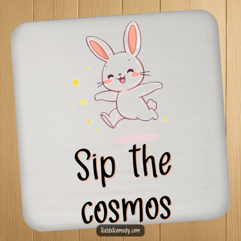 Funny rabbit drink coaster featuring a rabbit joyfully leaping, leaving a trail of shimmering star dust, adding humorous magic.