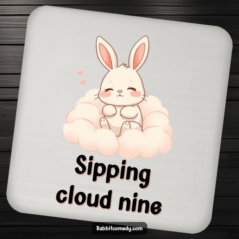 Funny rabbit drink coaster with a rabbit contentedly sighing amongst fluffy clouds, adding humorous serenity to surfaces.