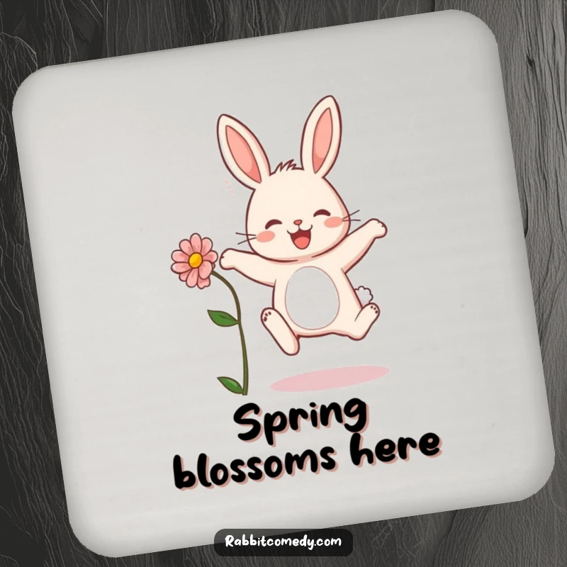 Funny rabbit drink coaster showing a bunny joyfully leaping with a flower, a charming item for protecting surfaces.
